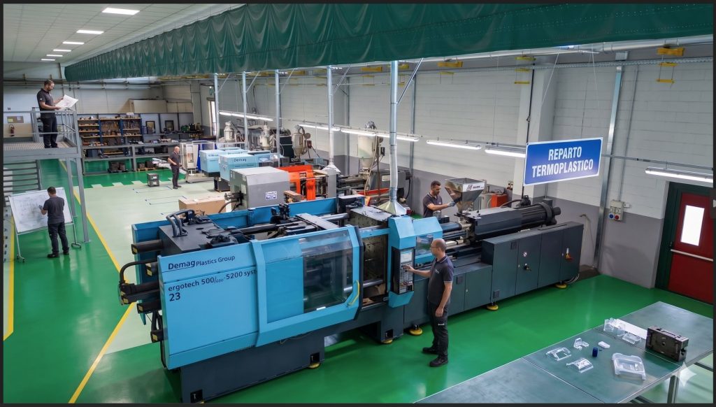 Ampio reparto termoplastico luminoso con pavimentazione verde. In primo piano, un operatore lavora al pannello di controllo di una grande pressa a iniezione blu Demag.