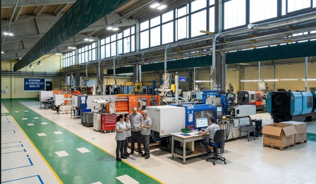 Area produttiva con un team di quattro operatori riuniti attorno a una postazione di lavoro. Discutono consultando documenti vicino a una pressa, sotto il cartello 'Stazione di controllo qualità'.