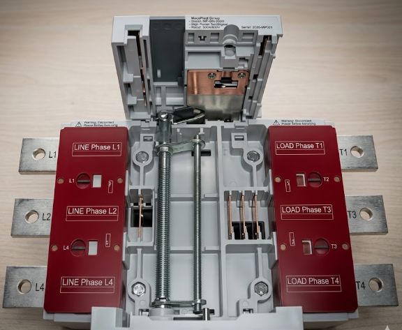 Dispositivo elettrico industriale aperto, con meccanismi interni metallici, contatti in rame e coperture rosse con le scritte LINE e LOAD per l'identificazione delle fasi.